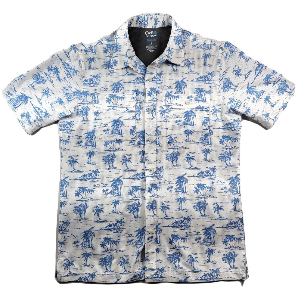 Croft & Barrow Quick Dry Shirt Mens Small Tropical Print White Blue Fishing Fish